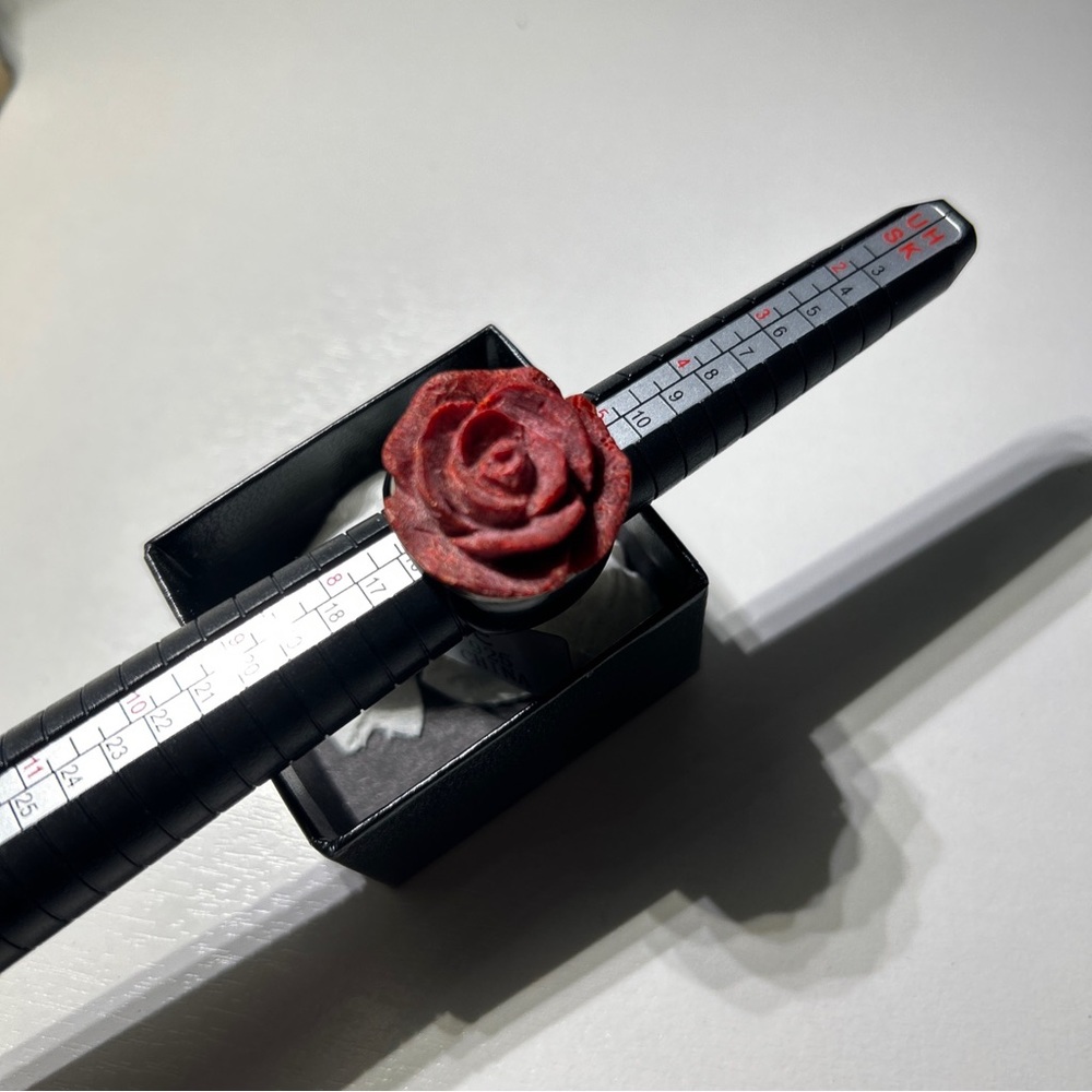 Red Sponge Coral Carved Rose, Sterling Silver, and Black Onyx Band Ring SZ 7
